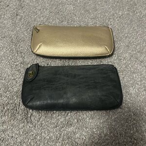 Joy Susan Gray and gold clutch with long strap